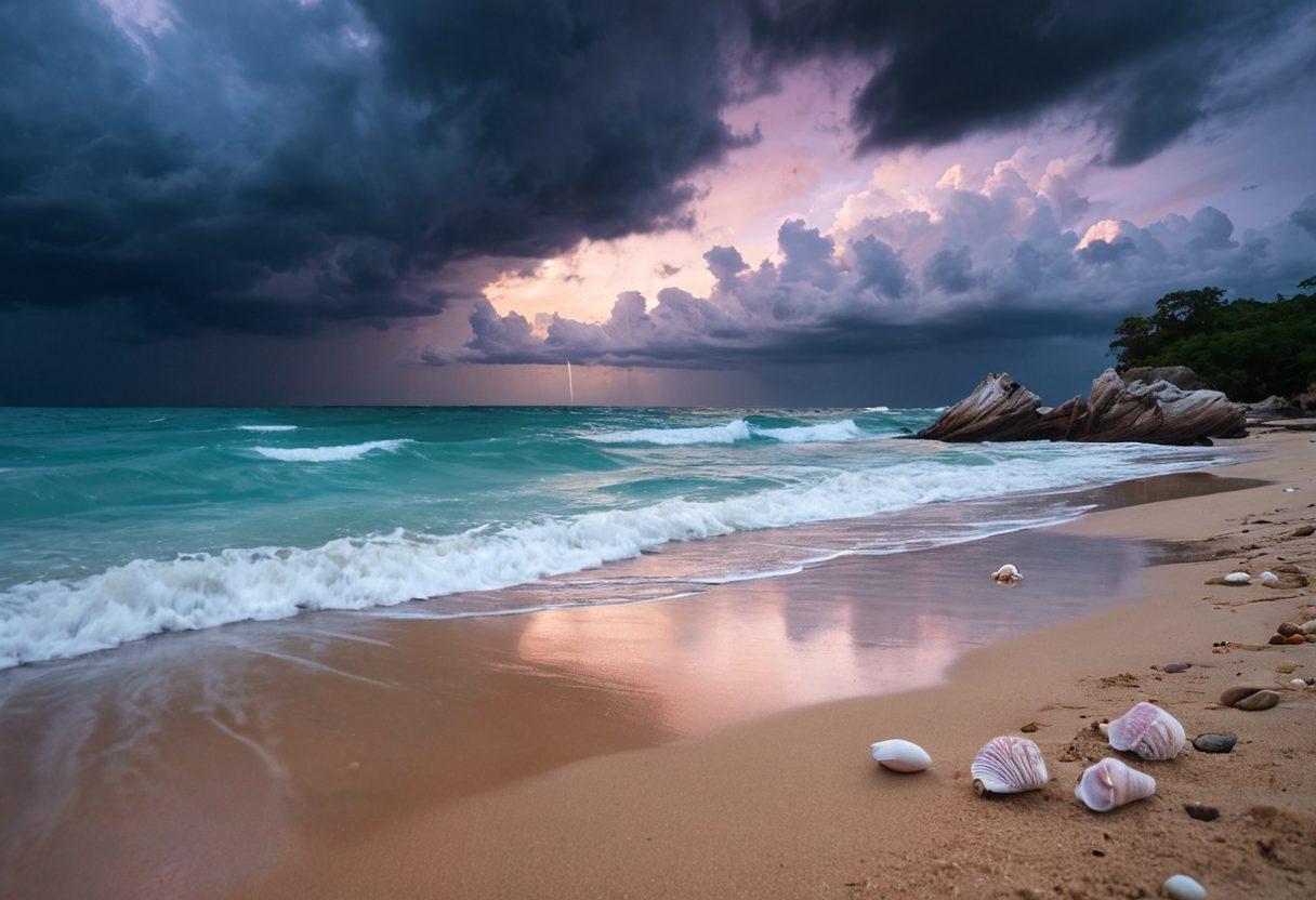 A serene beach scene at dusk, showcasing models in elegant yet somber swimwear, submerged gracefully in soft waves. The color palette combines deep blues and muted pinks, reflecting the melancholic mood. Driftwood and delicate seashells are scattered on the sandy beach, with gentle clouds hovering above, hinting at an impending storm. Include a subtle lens flare and an overcast sky to enhance the atmosphere. super-realistic. soft lighting. vibrant colors.