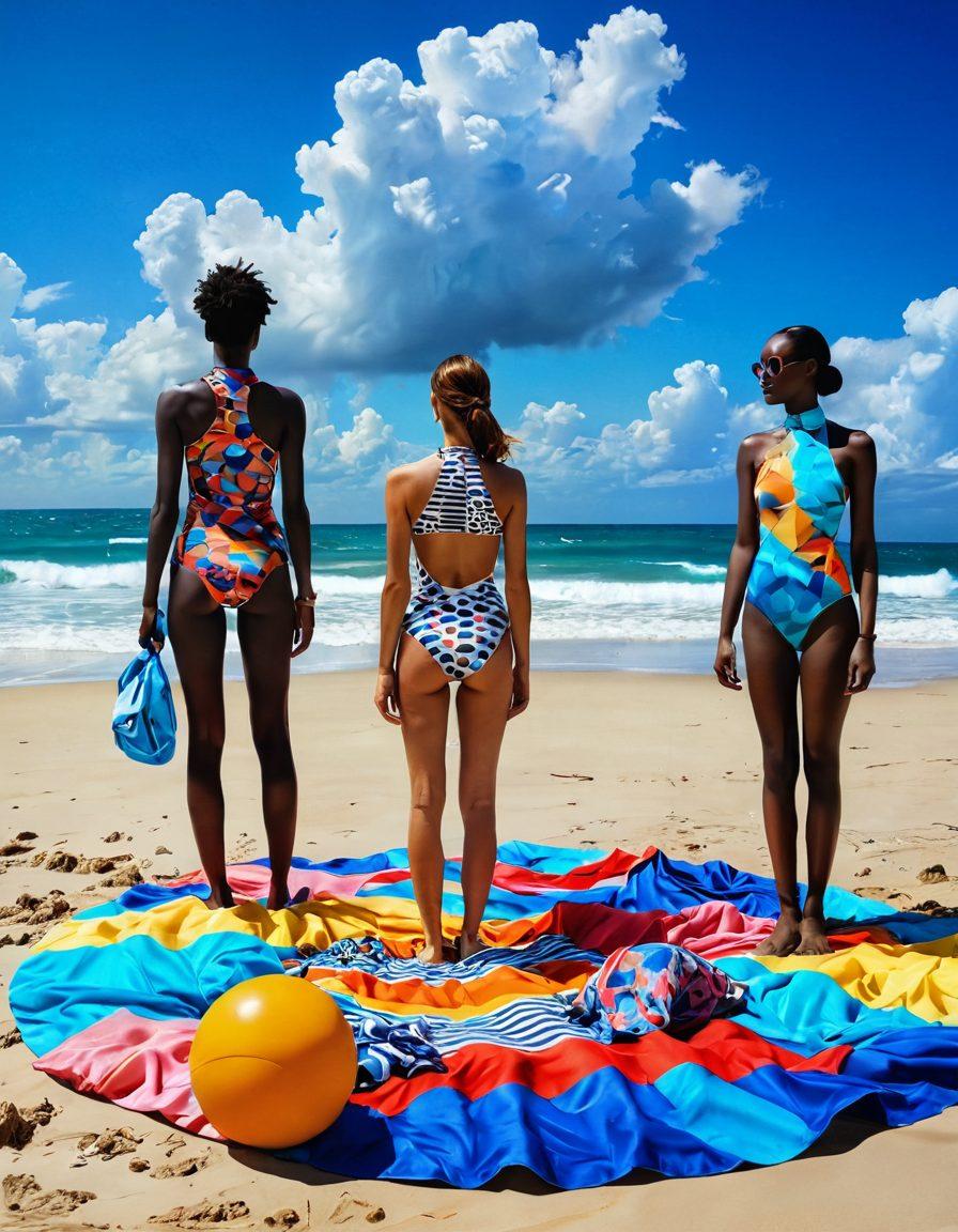 A surreal beach scene showcasing unique and dejected swimwear designs, featuring oversized and mismatched patterns on mannequins scattered around a sandy shore. Incorporate vibrant summer colors contrasting with a cloudy sky, as playful waves lap against the beach. Include artistic elements like crumpled fabric, abstract shapes, and beach items strewn around, evoking a sense of whimsical despair. The overall atmosphere should be dreamlike, engaging the viewer's imagination. painting. vibrant colors. surreal style.
