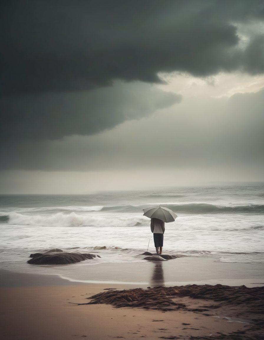 A moody beach scene featuring a lonely figure in sorrowful beachwear, surrounded by crashing waves and dark clouds. The beach is littered with forgotten items, like a discarded umbrella and an open diary, conveying a sense of nostalgia and longing. Soft, muted colors emphasize the melancholy atmosphere, while a distant lighthouse casts a faint glow through the mist. surreal art style. muted tones. soft focus.